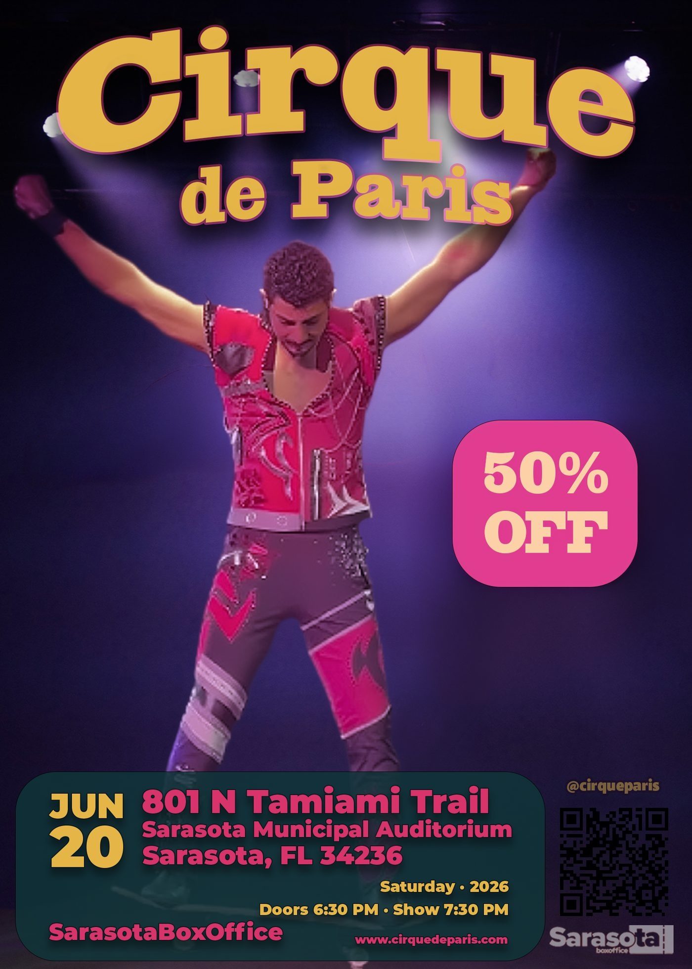 Cirque de Paris show poster: performer in red under a gold title, pink 50% off badge, teal info strip with date and venue
