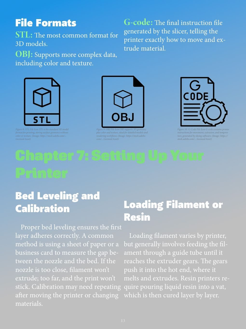 Page 13 of The World of 3D Printing, a 19-page InDesign eBook by Brandon Warrell, with file-format icons above Chapter 7 (SCF Typography coursework, 2025)