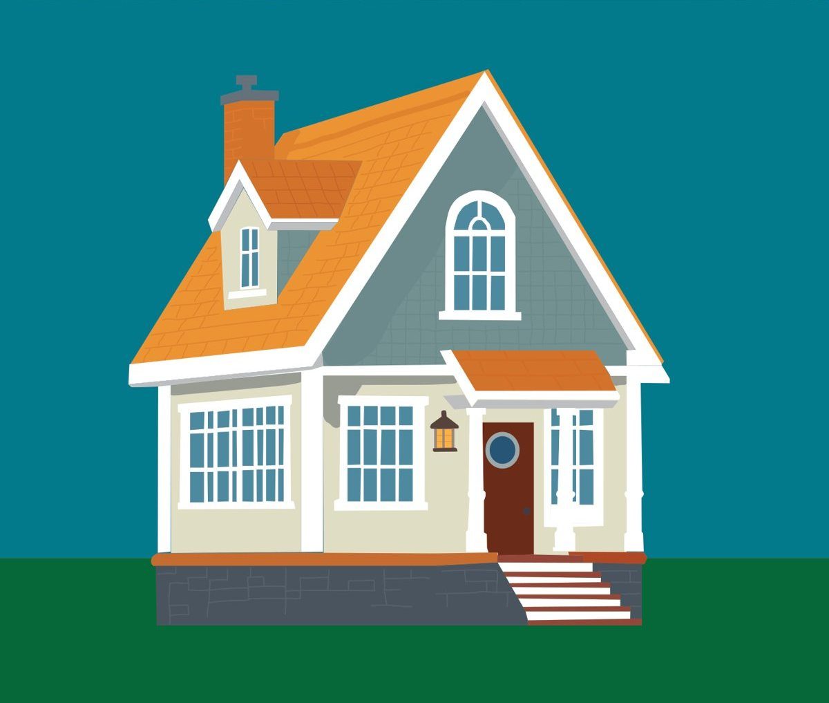 Vector Cottage, a flat Illustrator drawing of a house with an orange roof and white trim, built from pen-tool paths, by Brandon Warrell (SCF Intro to Computer Graphics coursework, 2024)