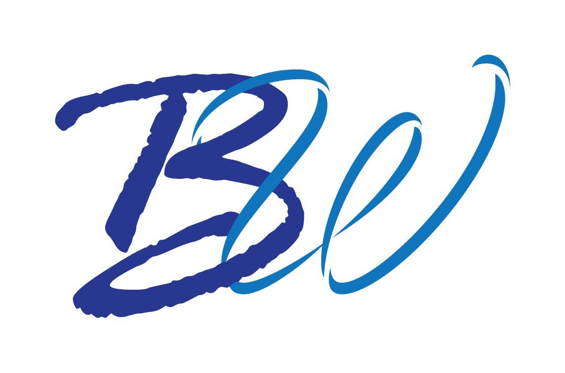 BW monogram: a dark blue brush-script B overlapped by a lighter blue ribbon-stroke W, drawn in Illustrator
