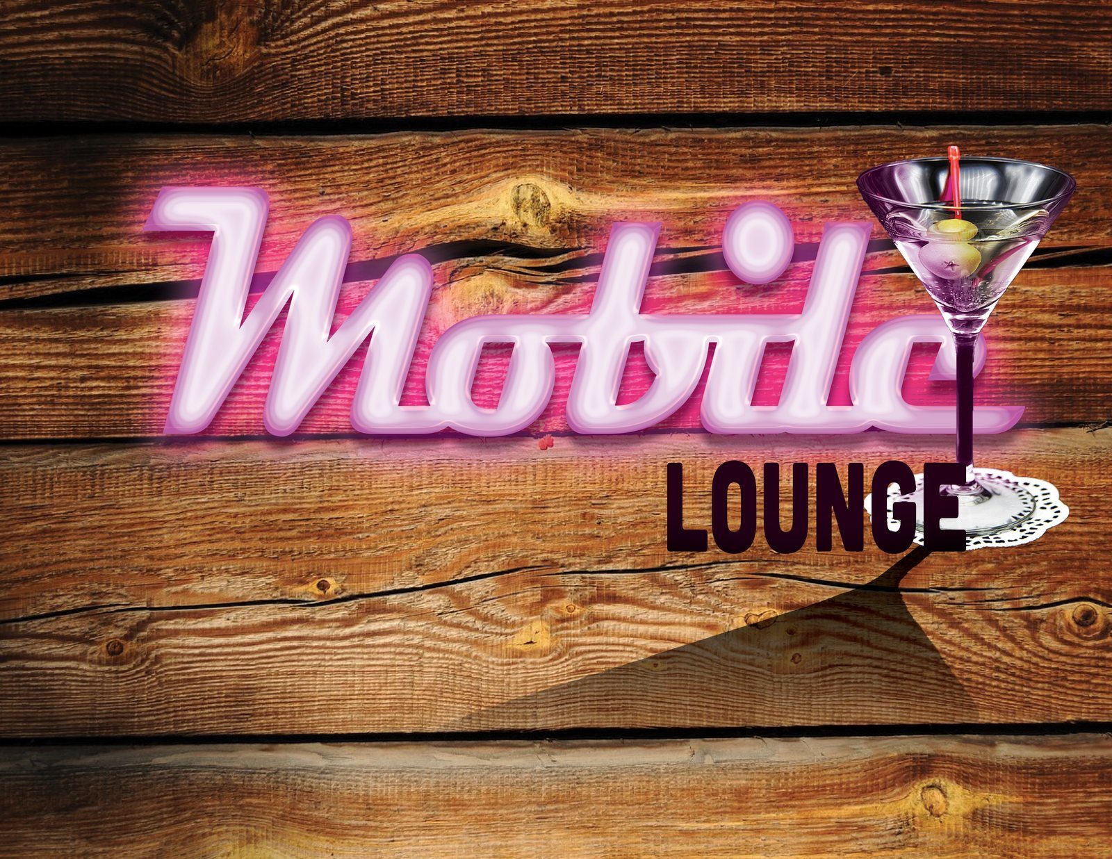 Mobile Lounge Neon: a pink neon-style Mobile script and a martini glass on weathered wood, with an unlit LOUNGE beside it; the martini glass casts a long shadow across the wood. A Photoshop layer-effects lesson by Brandon Warrell (SCF coursework, 2025; source photo supplied by the course)