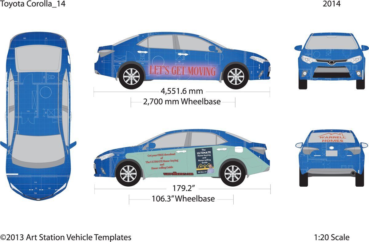 Final wrap layout on a measured 1:20 Toyota Corolla template